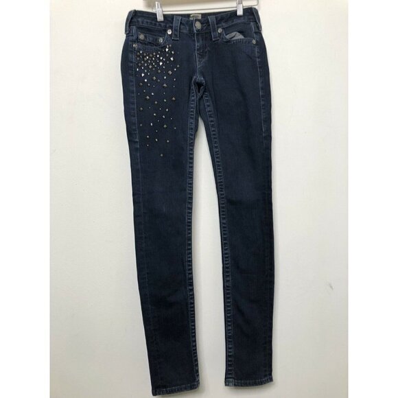 True Religion Stella Womens 27x34 Blue Denim Jeans Skinny Studded Embellished - Picture 2 of 10